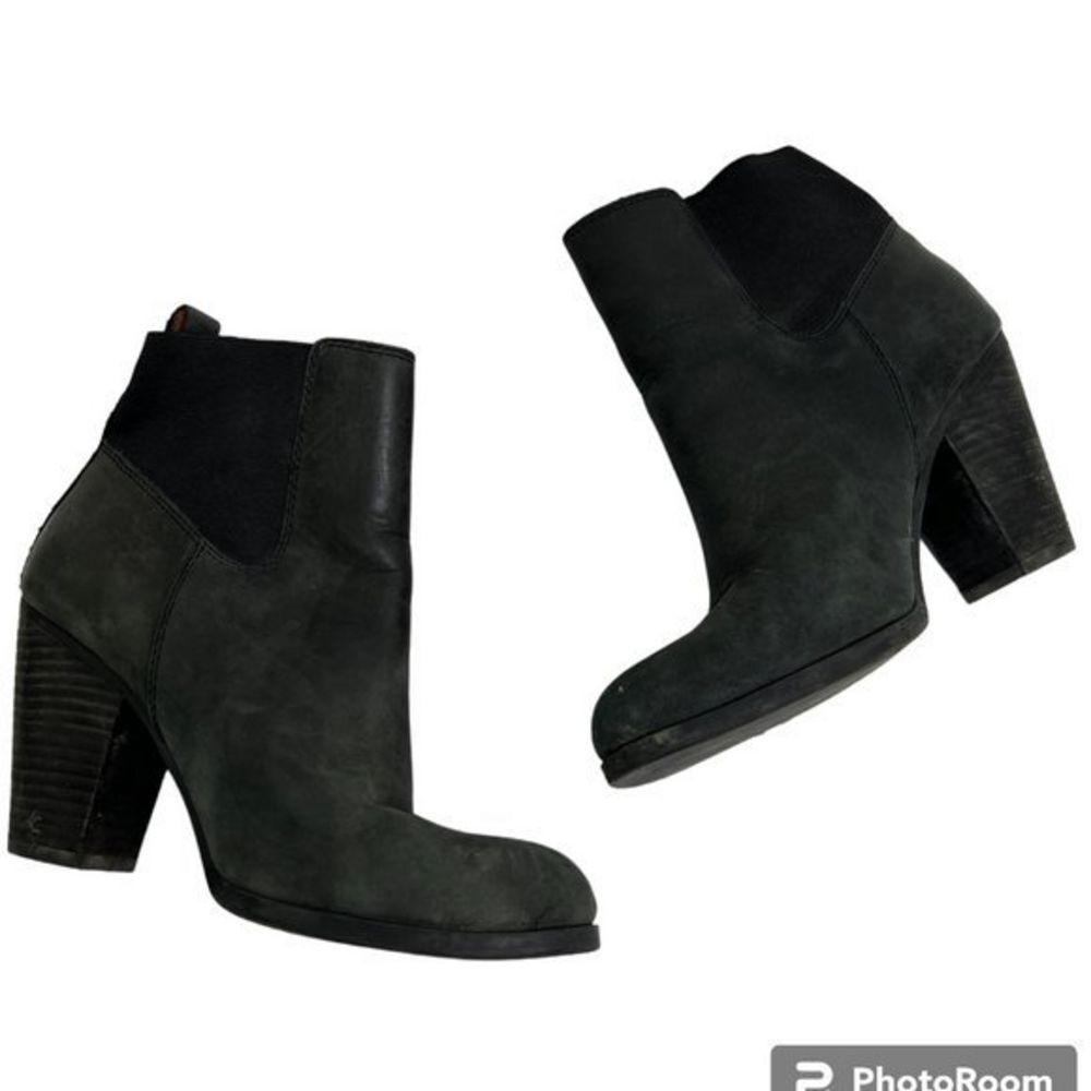 Lucky Brand Parlei Booties 8.5 Black Leather Ankle Boots Block Gray Slip On